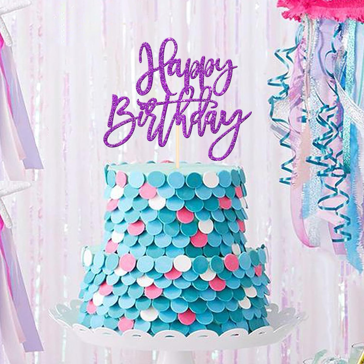 ZHUOWEISM 1 PCS Happy Birthday Cake Topper Glitter Happy Birthday Cake Pick for Celebrating Happy Birthday Anniversary Theme Party Cake Decorations Supplies Purple
