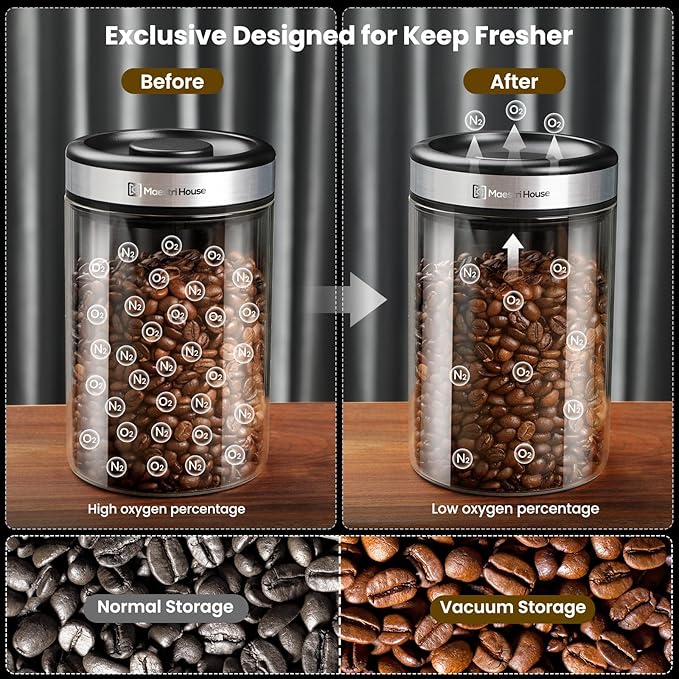 Maestri House Vacuum Coffee Canister with Spoon, 40 OZ AirTight Glass Coffee Bean Storage Container, Food Storage Jar, for 1 lb Beans, Grounds Coffee, Tea, Flour, Cereal, Sugar (Silver)