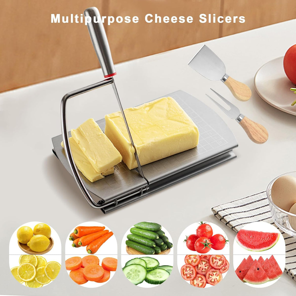 Cheese Slicer with 2 PCS Cheese Knife, Multipurpose Cheese Cutter Stainless Steel Cheese Slicers for Block Cheese with 2 PCS Cheese Knives Set
