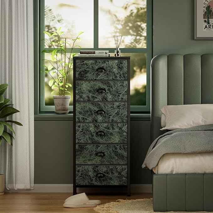 Furnulem Vertical Dresser for Bedroom,Tall Storage Tower Unit and Chest with 6 Drawers,Vintage Green Nightstand Furniture with Fabric Drawer Organizer in Dorm, Living Room,Closet,Entryway,Hallyway