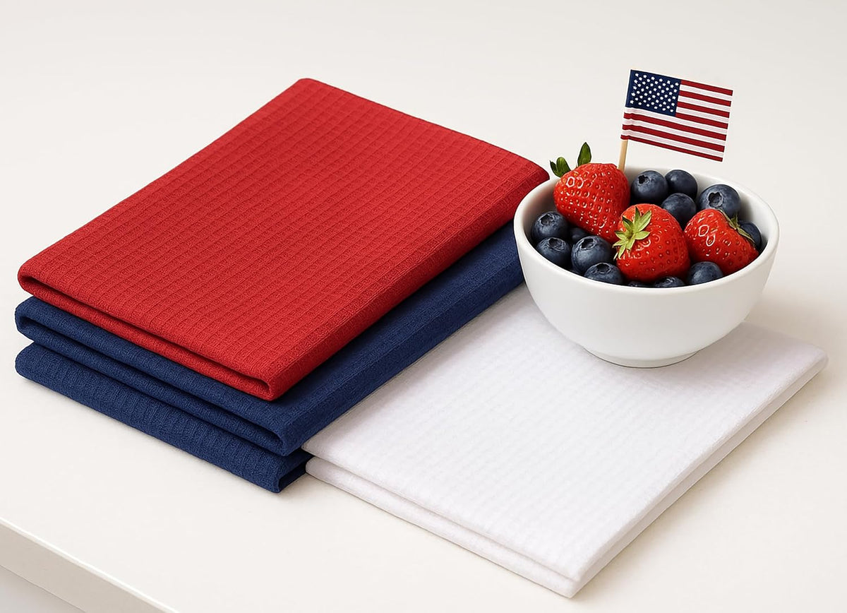 PurpleEssences 4th of July Waffle Weave Kitchen Towel, 100% Cotton - 15 x 25 Inches, with Hanging Loop Ultra Soft Absorbent Quick Drying Dish Cloth, Tea & Hand Towels, 6 Pack Labor Day Red Blue White
