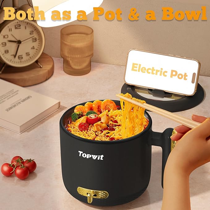Topwit Hot Pot Electric with Steamer, 1.8L Ramen Cooker, Portable Electric Pot for Cooking, Multifunctional Cooker for Steak, Egg, Soup, Noodle with Power Adjustment, Dorm Room Essential, Black