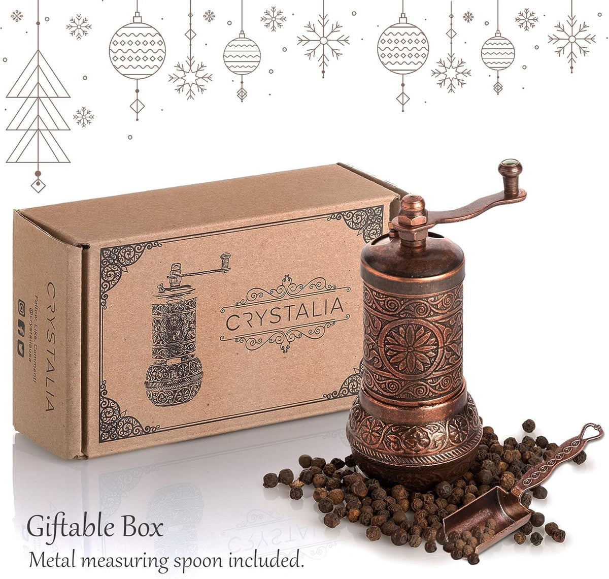 Decorative Black Pepper Grinder, Refillable Turkish Spice Mill with Adjustable Coarseness, Manual Pepper Mill with Handle, Spice Grinder Metal with Hand Crank, Copper