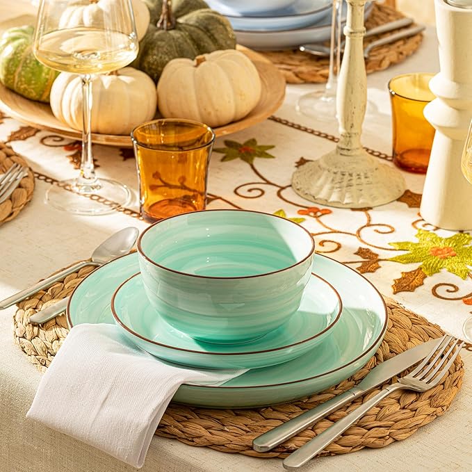 Sweese Plates and Bowls Sets, 18 Piece Dinnerware Set Porcelain Round Dinner Set for 6, Scratch Resistant Dishes Set, Dishwasher and Oven Microwave Safe Handpainted Swirl Dishware Sets, Assorted Blue