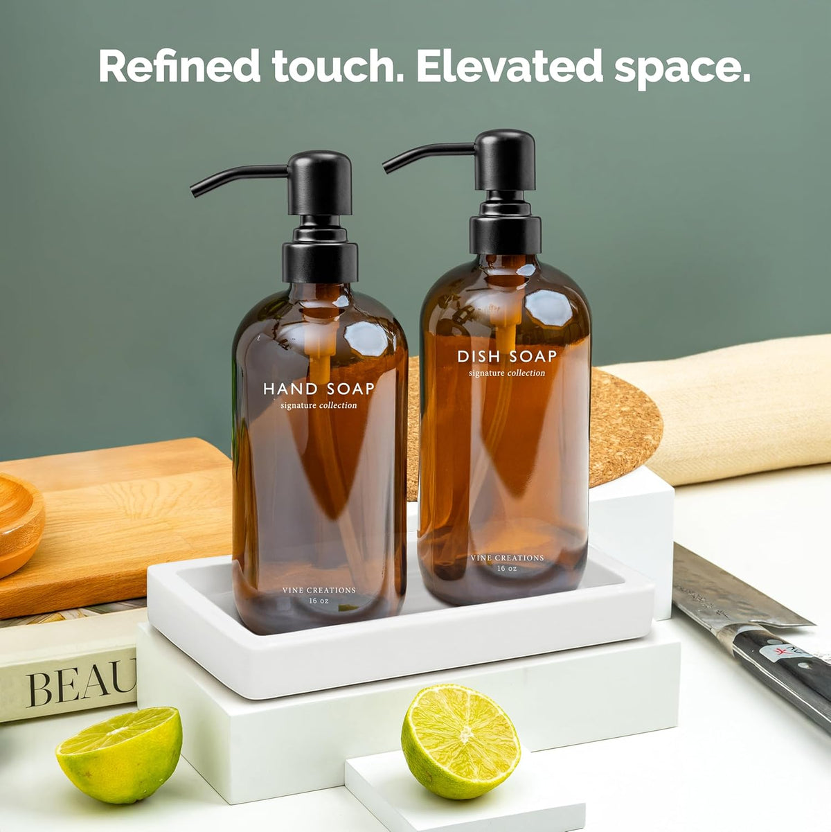 Vine Creations Amber Glass Soap Dispenser Set, Kitchen Soap Dispenser Set with Ceramic Tray, 16 oz Dish Soap and Hand Soap Dispensers with Stainless Steel Pump Decor (Amber Bottle/Matte Black)