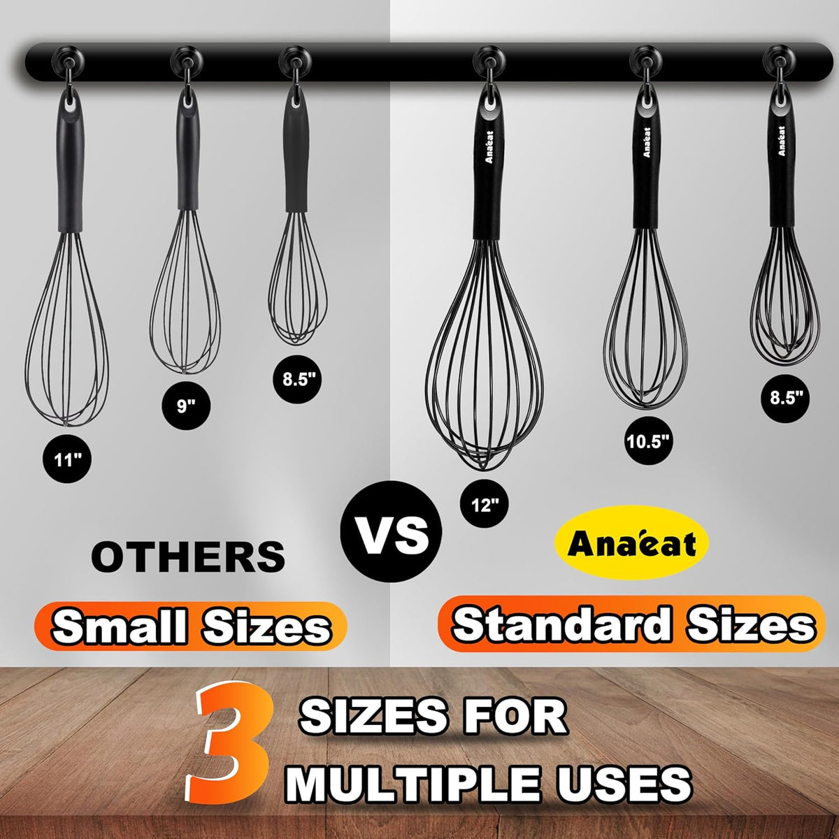 Anaeat Silicone Balloon Whisk, Perfect for Non-Stick Cookware, Milk and Egg Beater Blender, Heat Resistant Kitchen Whisks for Whisking, Cooking, Baking, Beating, Frothing & Stirring (Black)