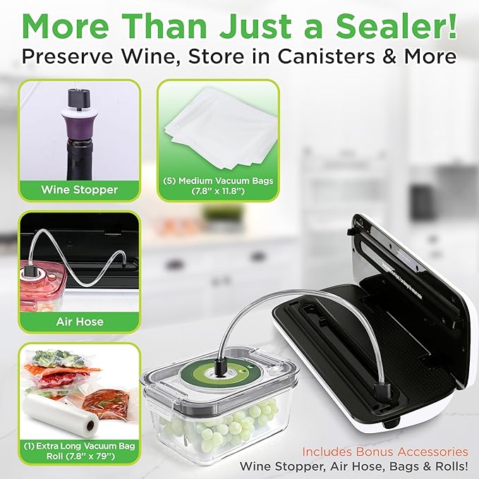 NutriChef Vacuum Sealer For Food - Automatic Air Sealing Machine for Dry & Moist Foods, LED Touch Controls, Includes Vacuum Bags, Hose & Wine Stopper, High Suction Power