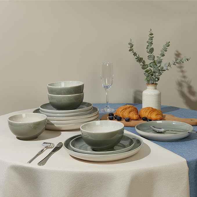 Stoneware Dinnerware Sets for 6, Microwave Safe Plate and Bowl Set, Easy to Clean & Durable Dishes Sets for Small to Medium Families, Gray Green