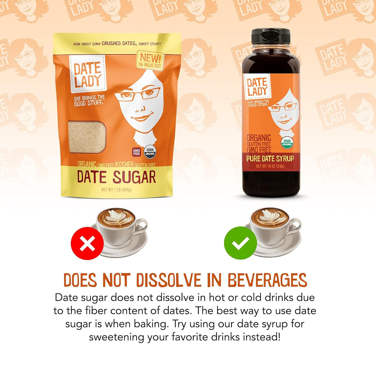 Date Lady Organic Date Sugar, 1 lb | Vegan, Paleo, Gluten Free & Kosher | Alternative Sweetener for Baking | Will Not Dissolve in Coffee (1 Bag)