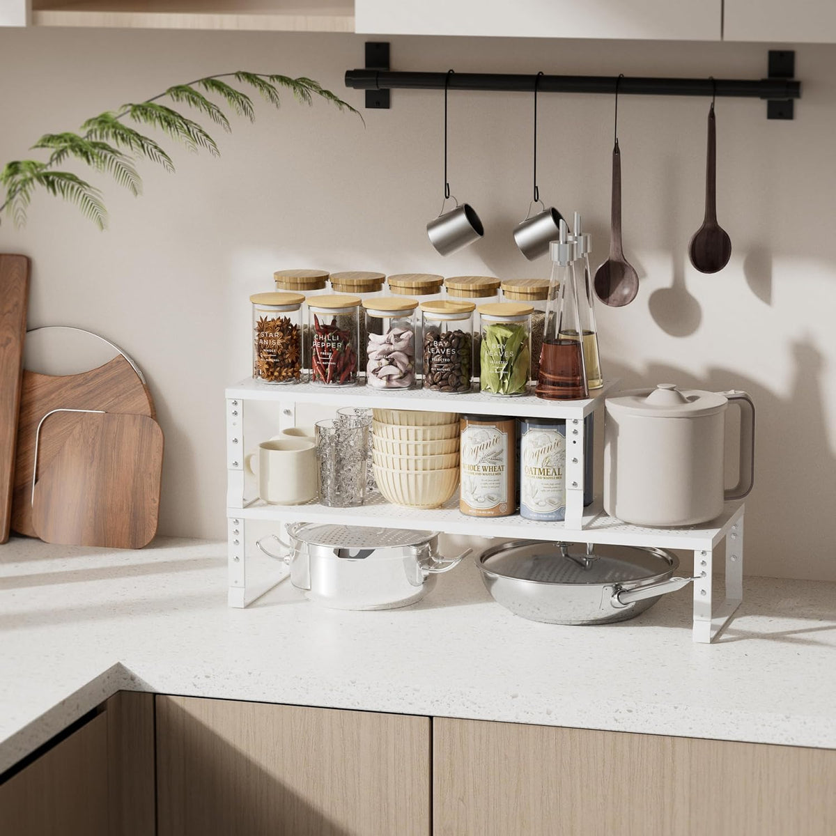Expandable Spice Rack & Kitchen Cabinet Organizer - Stackable, Adjustable Shelves for Cabinets, Countertops, Cupboards & Pantries(2 Packs/Large/White)