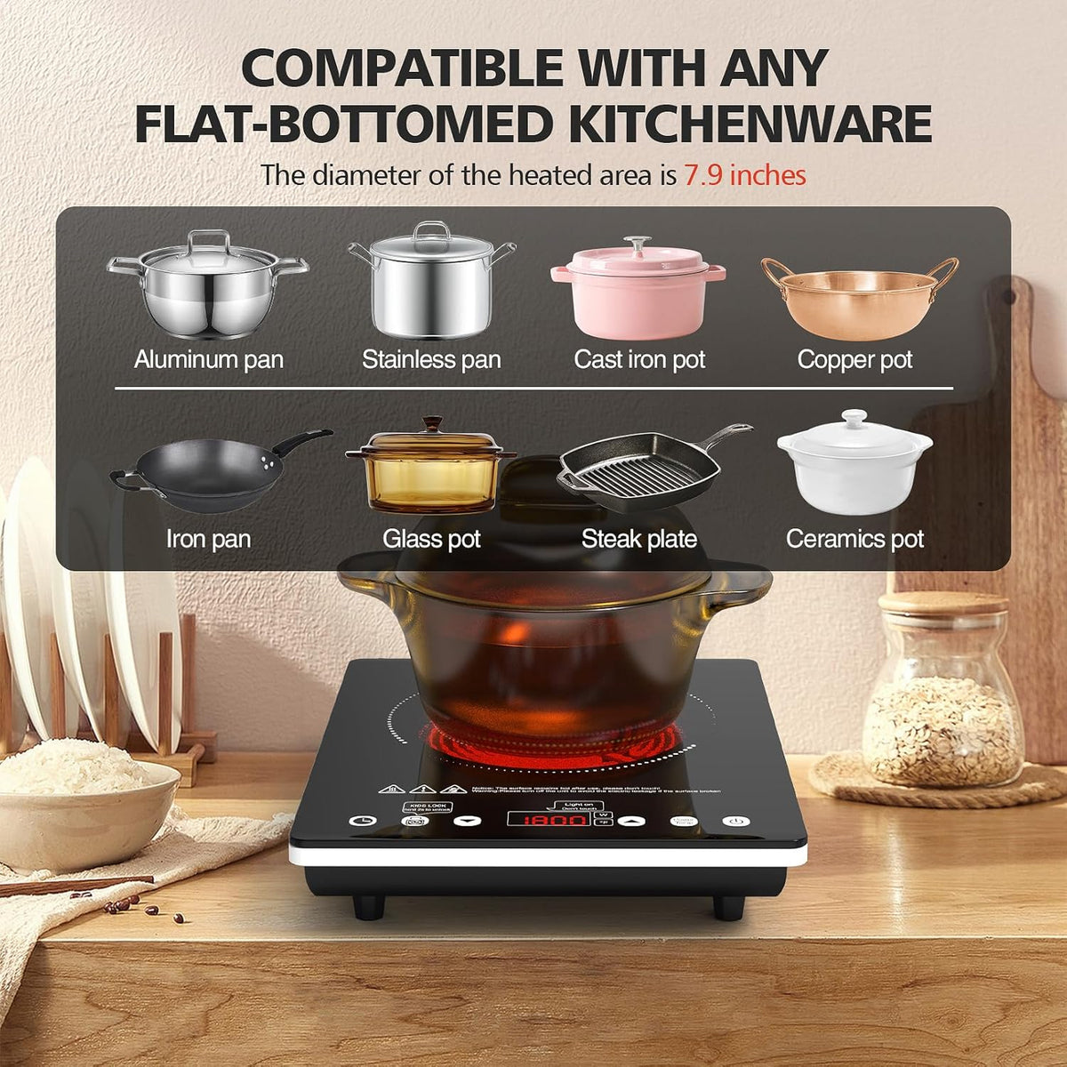 Single Burner Electric Cooktop, 1800W Electric Stove Top Portable, Infrared Hot Plate 110v Plug in Countertop, Child Safety Lock, Timer, 9 Power Level, Compatible for All Cookware, Induction Cookotp