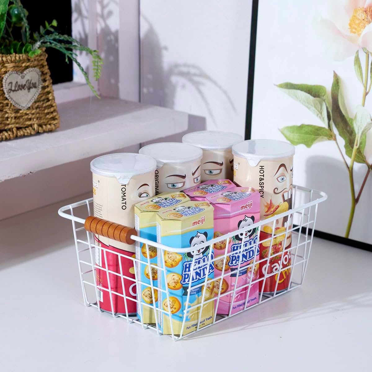 Wire Kitchen Storage Basket 2 Packs,Perfect Pantry Organization Accessories Baskets,Laundry Basket,With a Wooden Handle,Suitable for Kitchen,Bathroom,Bedroom,Tabletop,Stackable,White