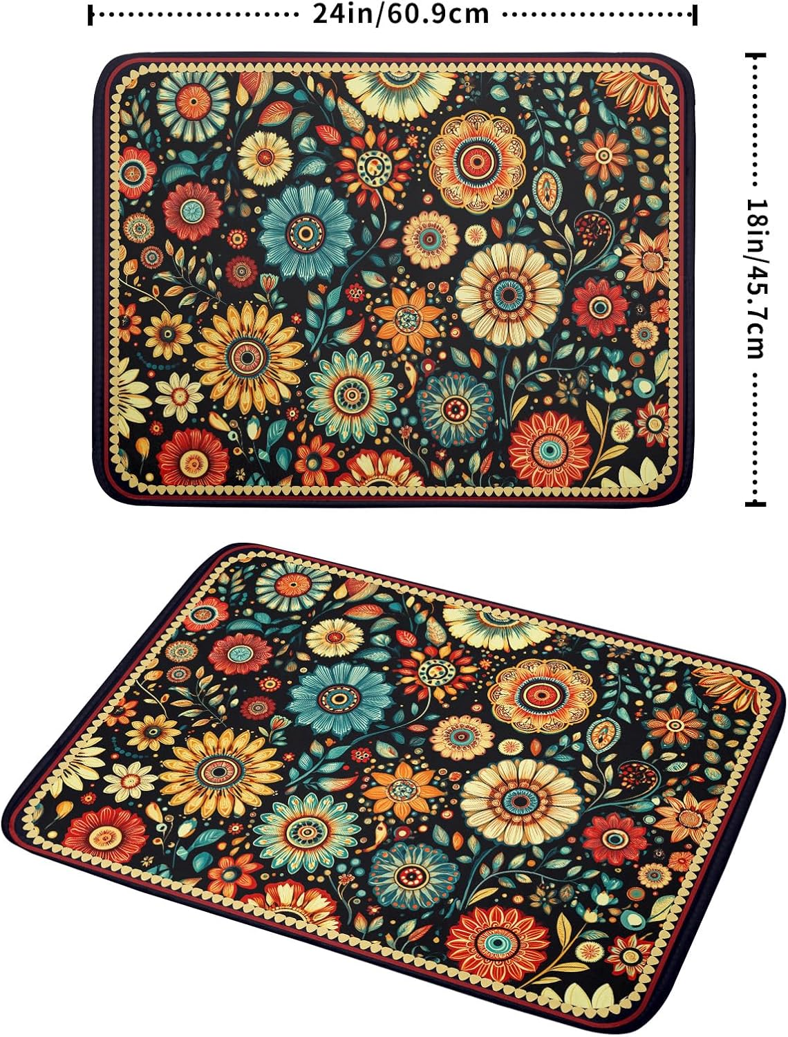 Boho Floral Dish Drying Mat for Kitchen Counter Absorbent Microfiber Flowers Drying Pad 18 X 24 In
