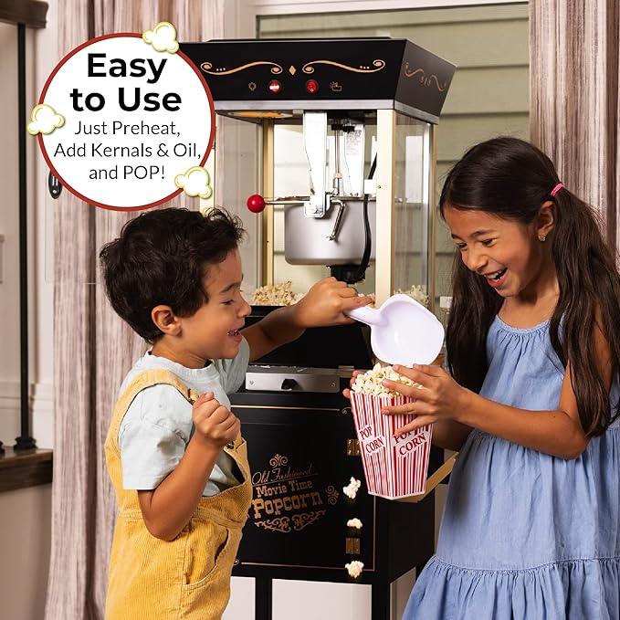 Nostalgia Popcorn Maker Machine - Professional Cart With 8 Oz Kettle Makes Up to 32 Cups - Vintage Popcorn Machine Movie Theater Style - Black