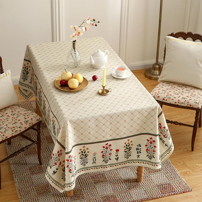 ISAENNE Designer Vintage Linen Floral Extra Long Tablecloth Rectangle,Fall Colorful Modern Table Cloth,Anti-Wrinkle Decor Tablecloths for Dining Thanksgiving Kitchen Christmas,67"*118"-Bertina E