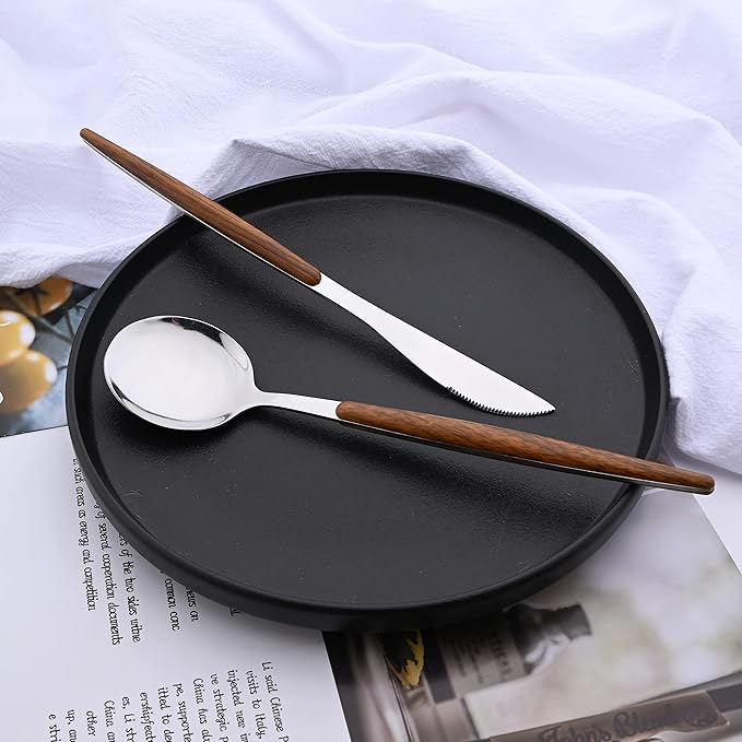 16-Piece Silverware Set with Cake Fork, Silver Stainless Steel Flatware Cutlery, Eating Utensils with Wooden Effect Handle, Includes Knife, Fork, Spoon, Mirror Finish, Dishwasher Safe