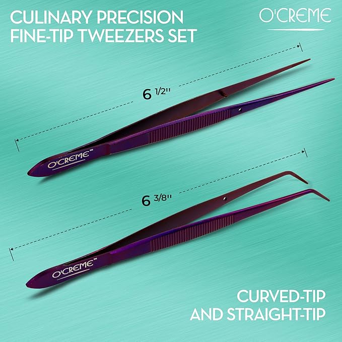 O'Creme Purple Stainless Steel Precision Kitchen Culinary Fine-Tip Tweezer Tongs, 1 Curved and 1 Straight