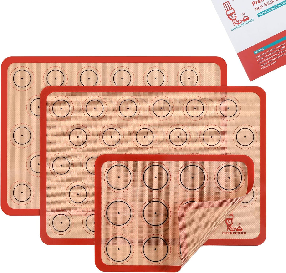 Folksy Super Kitchen Silicone Macaron Baking Mat - Set of 3 (2 Half Sheet and 1 Quarter Sheet), Non Stick Silicon Oven Liner For Macaroons and Cookies (16.5x11.6, Red)