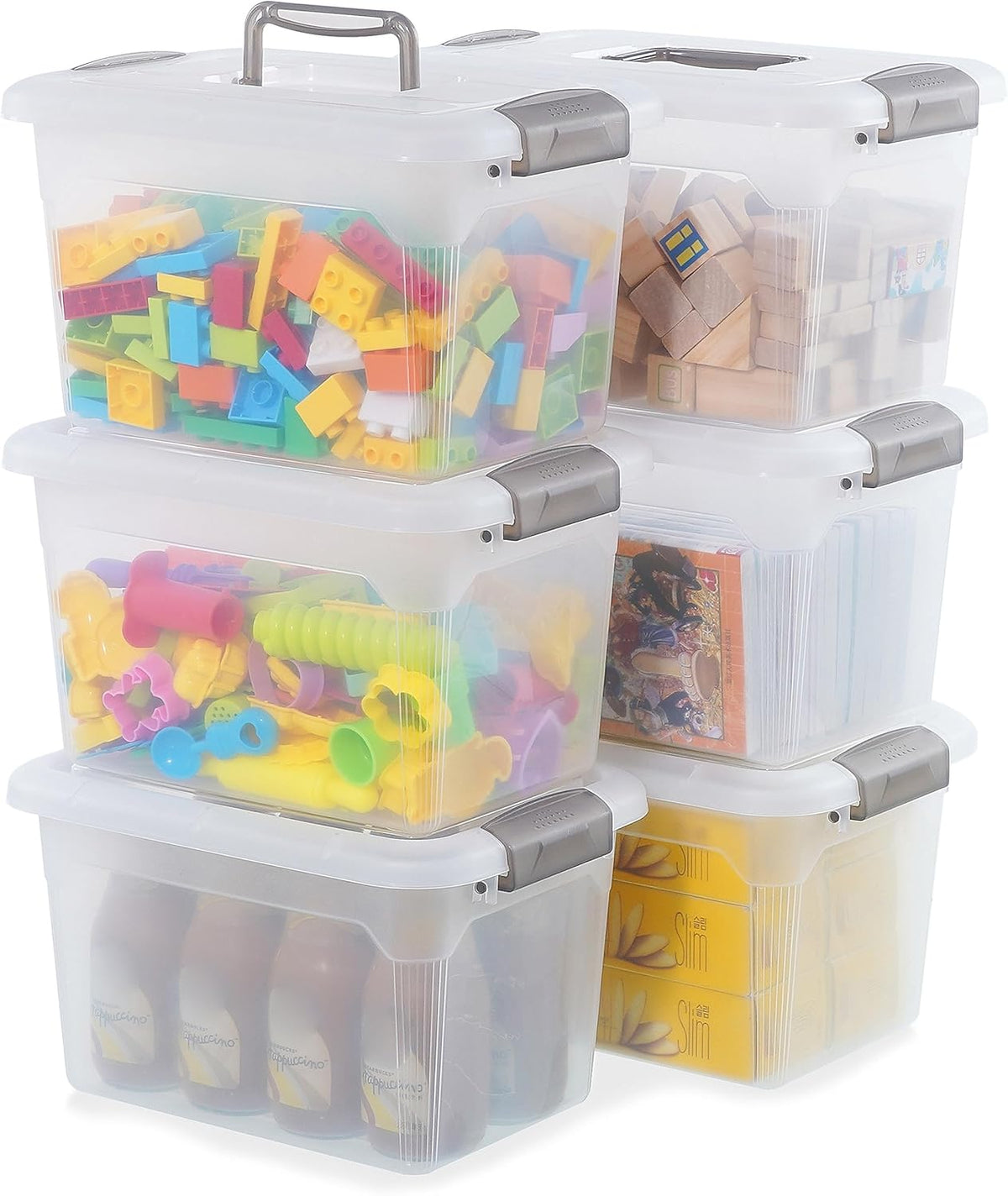 Citylife 6 Packs 8.5 QT Storage Bins with Lids Clear Plastic Bins with Grey Handle Stackable Storage Containers for Organizing