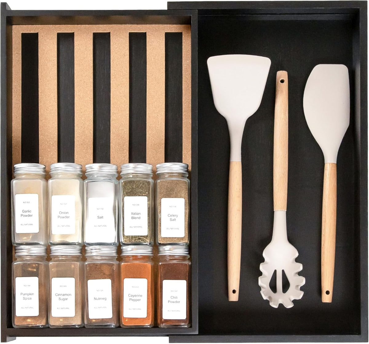 KitchenEdge Spice Drawer Organizer with Expandable Storage. Holds up to 15 Spice Jars (Not Included), Non-Slip Feet, Kitchen Accessory Storage, 100% Sustainable Bamboo Wood, Food-Safe Black Finish