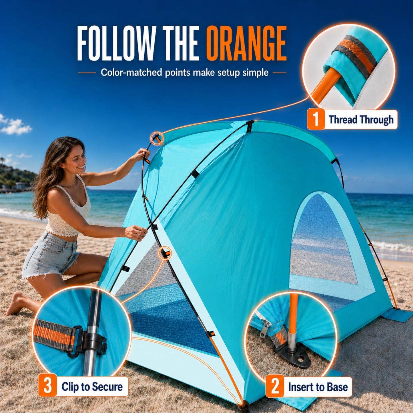 Beach Tent, Portable Sun Shelter for 2/3/4/6-8 Person with UPF 50+ UV Protection, Easy Setup Waterproof Beach Shade Canopy Cabana for Family Outdoor and Picnics, Fishing with Carrying Bag