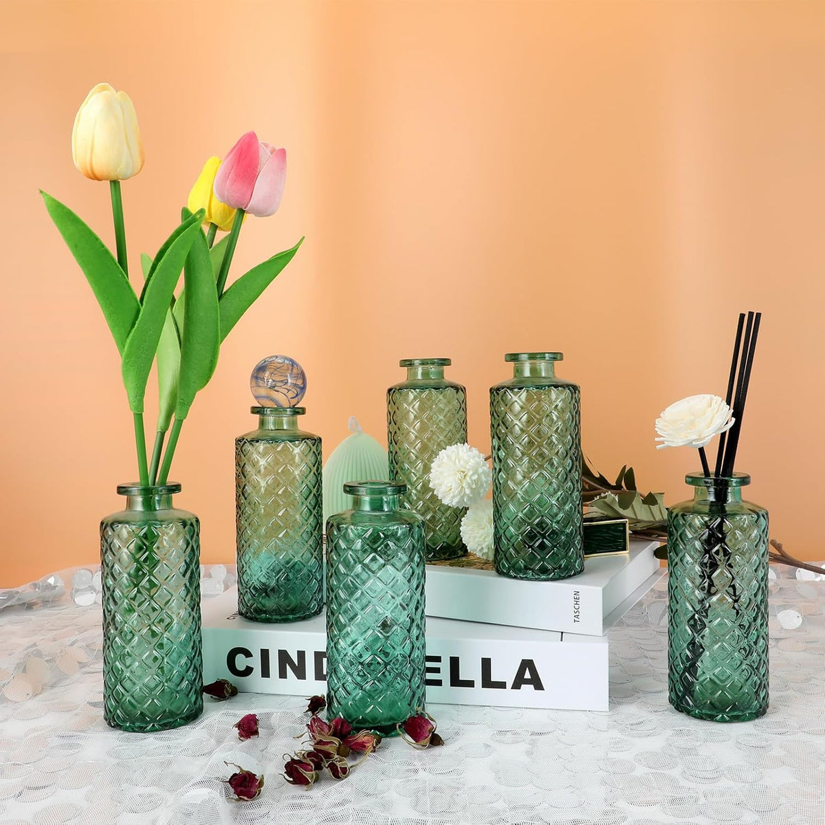 Glass Flower Vase, Green, Aromatherapy Bottle, Small Vase, 6 Sets, Simple Style, Centerpieces for Table, for Home Decoration, Birthday, Wedding