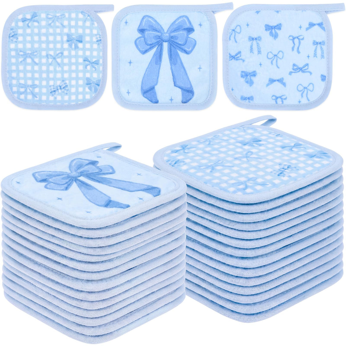 Chicplaid 24 Pcs Blue Bow Party Favor Makeup Remover Cloth 6" x 6" Towels Reusable Coquette Blue Bow Remover Face Pads Soft Microfiber Washcloths Facial Cloths Makeup Towel Gift for Women