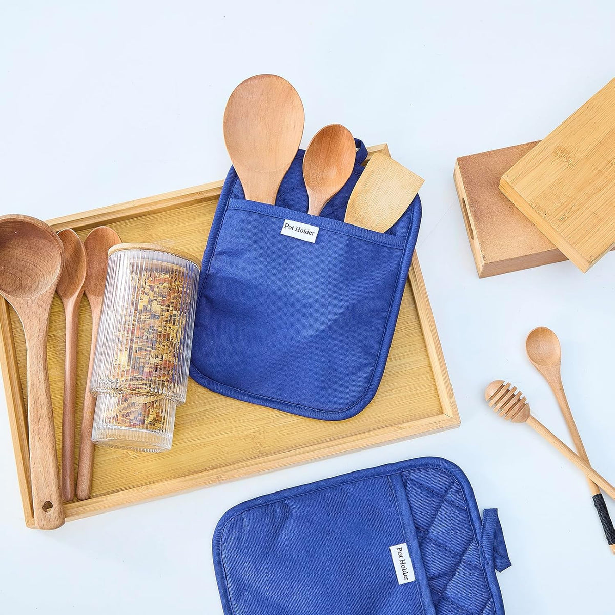 Kitchen Everyday Basic Pot Holder Heat Resistant Coaster Soft Silicone Water Resistant Pot Holder Set Oven Mitts with Pocket, 2 Piece Set, 7"x9" Dark Blue