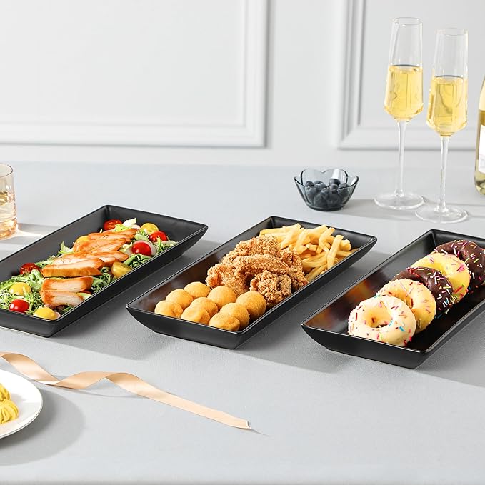 MALACASA 3 Tier Serving Trays for Party, 14 Inch Porcelain Black Trays for Serving Food, Dessert Stand with Collapsible Gold Metal Rack