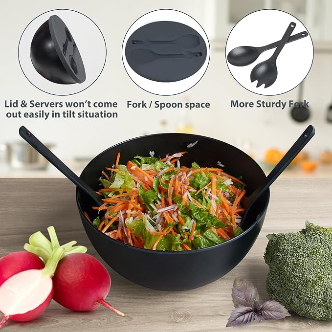 10" Large Salad Bowl with Sealing Lid & Serving Utensils,135Oz, Black Big Bamboo Fiber Salad Serving Bowl with Servers for Mixing/Serving (Silicone Dark Grey Lid)