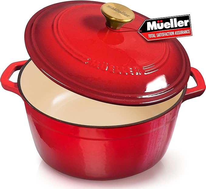 MUELLER HOME 4.5 QT Enameled Cast Iron Dutch Oven, Heavy-Duty Casserole Dish and Braiser Pan with Lid and Stainless Knob, Oven-Safe up to 500° F & Across All Cooktops, Red