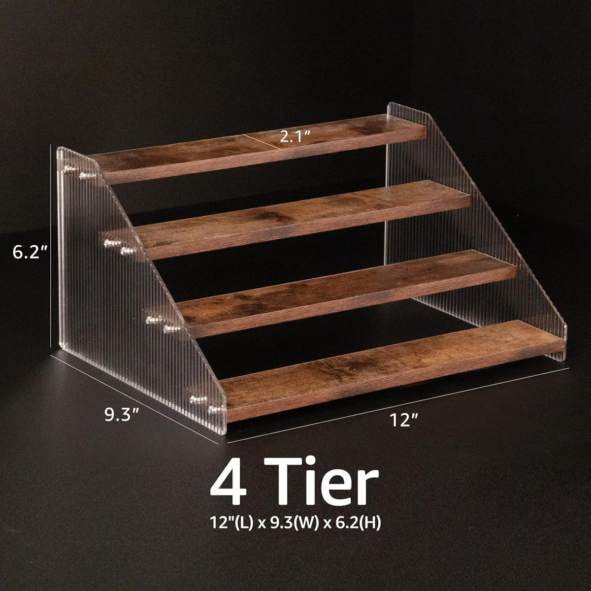 nianfeng Tiered Spice Rack, 4-Tier Spice Pantry Kitchen Cabinet Organizer, 12-Inch, Natural Wood Acrylic Stair Riser Stand, Countertop Seasoning Shelf (Rustic Brown)