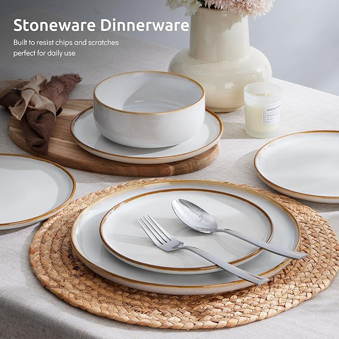 E-far Plates and Bowls Set for 8, 24-Piece Stoneware Dinnerware Sets, Ceramic Dinning Ware Reactive Glaze Dishes Set, Microwave & Dishwasher Safe - Seashell White