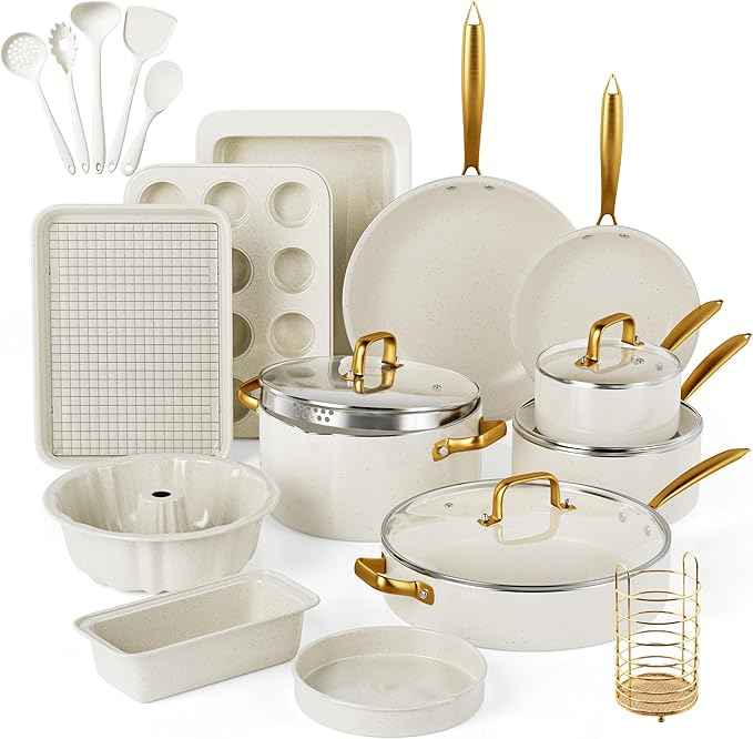 Pots and Pans Set Nonstick - Granite Cookware + Bakeware Set Kitchen Cookware Sets With Dutch Oven, Frying Pans, Saucepan, Sauté Pan, Silicone Utensils, Cookie Sheet, Baking Pan Set for Cooking Gifts