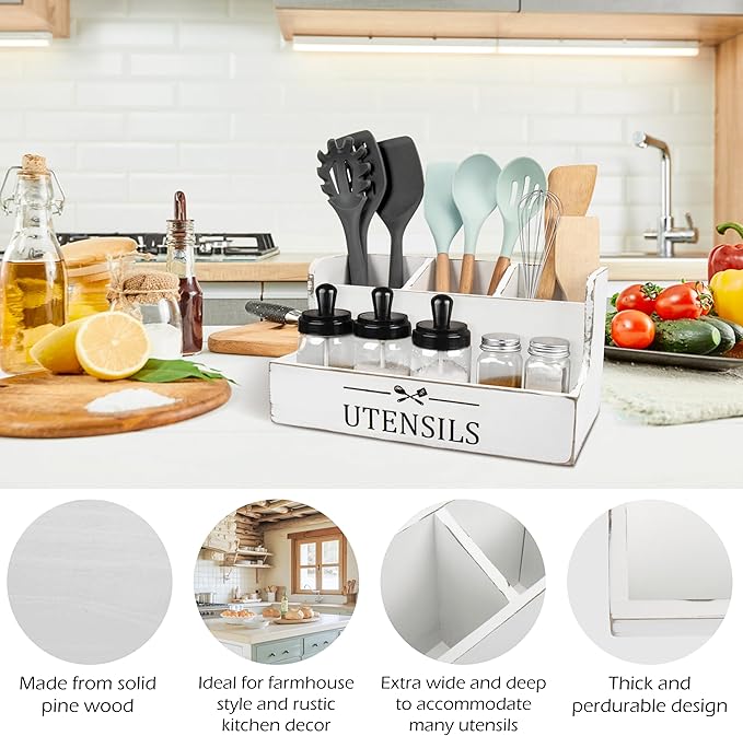 RedCall Extra Large Kitchen Utensils Holder 4 Compartments,Wood Utensil Organizer for Kitchen Countertop,Farmhouse Cooking Utensil Holder with Spice Storage space (Antique)