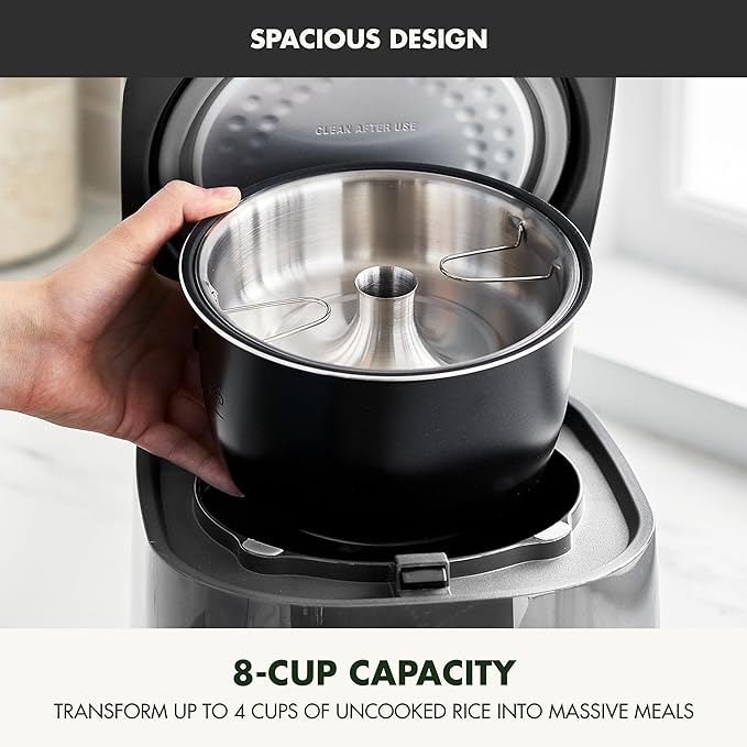GreenPan Carb Reducing Electric Rice Cooker, 4 Cups Uncooked/8 Cooked Rice, 10 Presets, LED Display, Healthier Meals, Delay Timer, PFAS-Free Ceramic Nonstick Removable Bowl, Cool Touch, Steam, Graphite