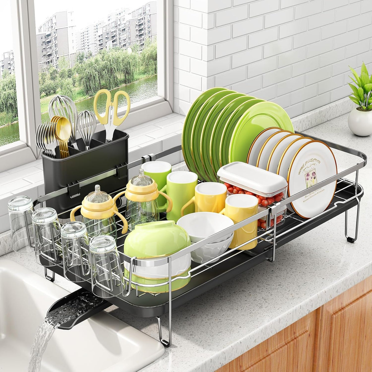 Dish Drying Rack, Expandable Dish Rack for Kitchen Counter, Stainless Steel Dish Drainer with Utensil & Cup Holder 13.8"-22.6" L x 12.1" W (Silver)