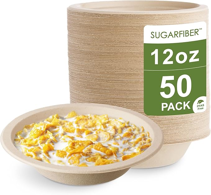 [50 Count] Harvest Pack PFAS Free 12oz Round Paper Bowls - Compostable Heavy-Duty Eco-Friendly Disposable Bagasse Bowls Sugarcane Natural Plant fibers for Meal Prep Takeout Dinnerware