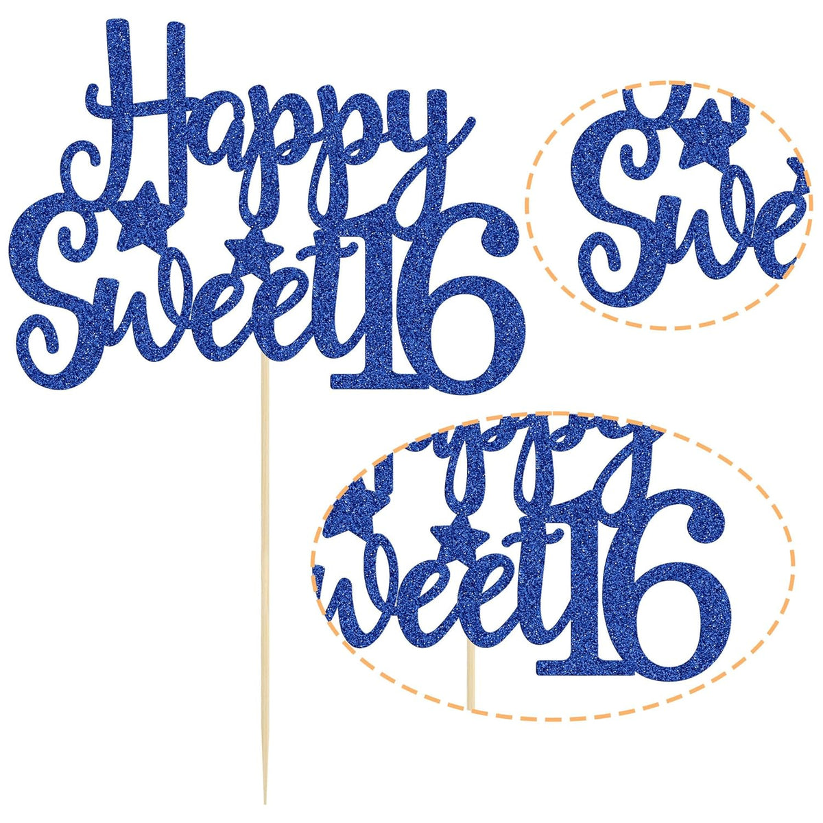 Gyufise 1Pc Happy Sweet 16 Cake Topper Blue Glitter Sweet 16 Birthday Cake Decoration Happy 16th Birthday Decorations for Girls Boys Party Supplies