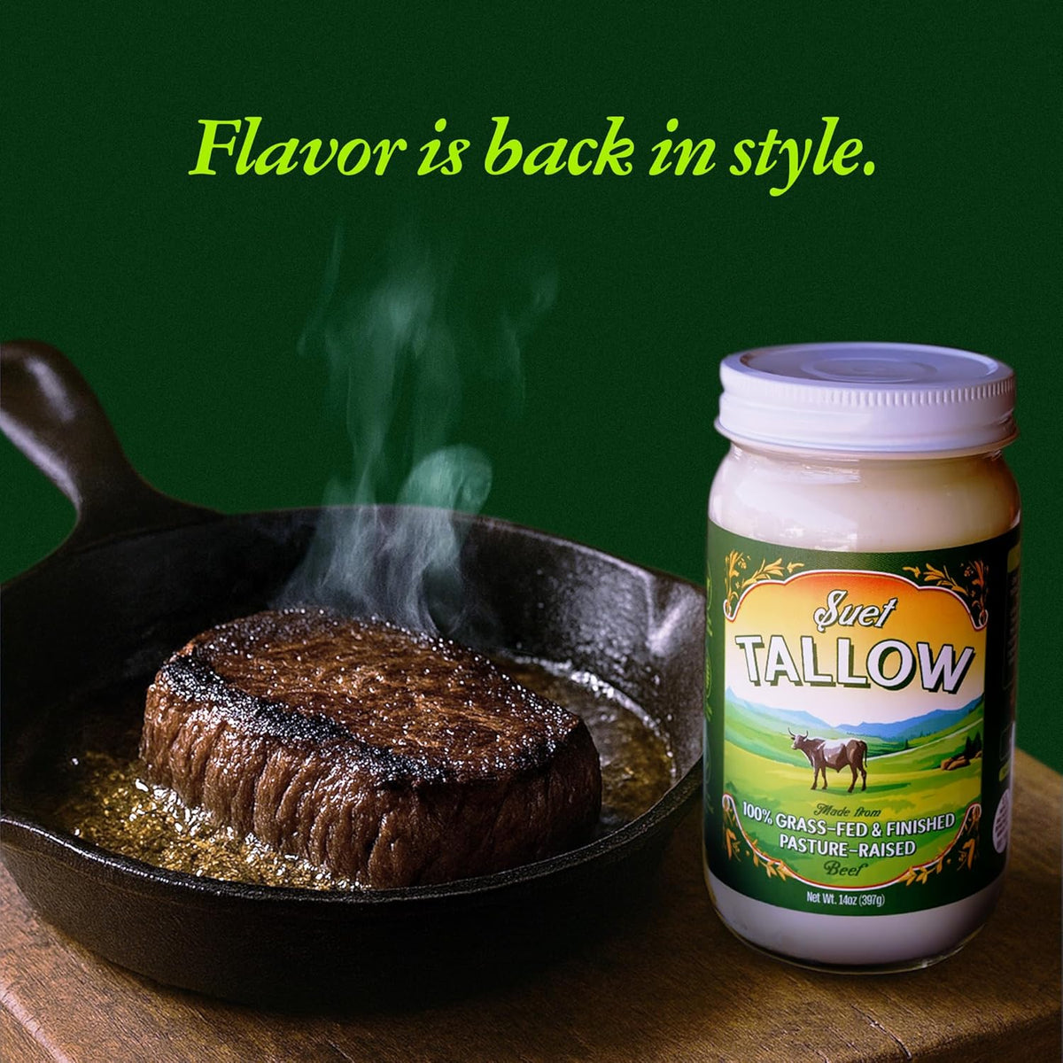Pasture Raised Beef Tallow, Grass-Fed & Grass-Finished, Made from Beef Suet for more nutrients, Glass Jar