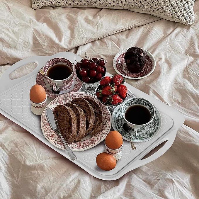 LEHAHA 17.25" x 12" Serving Trays Set of 2 White, Dinner Tray, Light Weight Easy to Clean Sturdy Stackable Melamine Serving Platter with Handle, Fruit, Snacks, and Desserts Trays.Mats Included