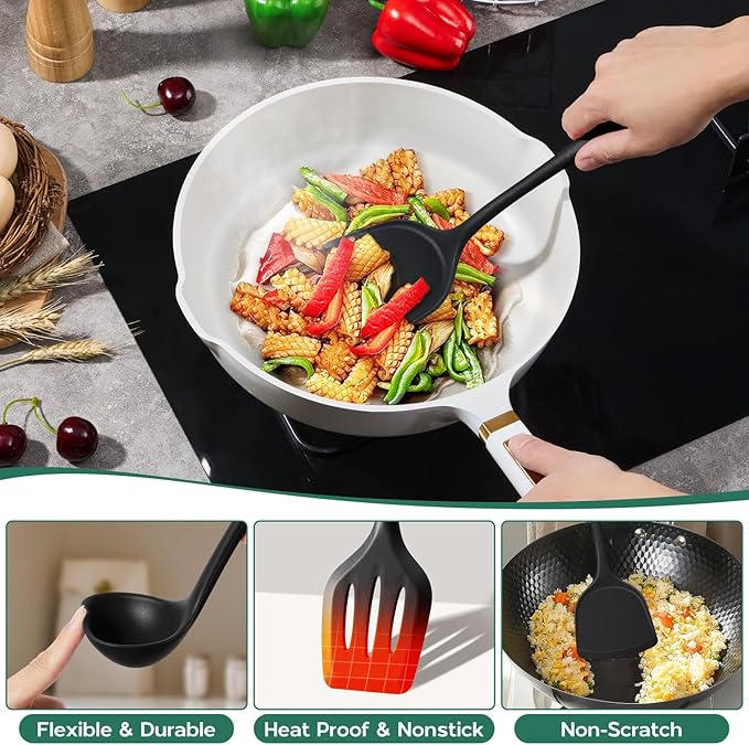 Onader Silicone Cooking Utensils Set, 10 Pieces Black Kitchen Utensils for Nonstick Cookware, Non Toxic & Dishwasher Safe