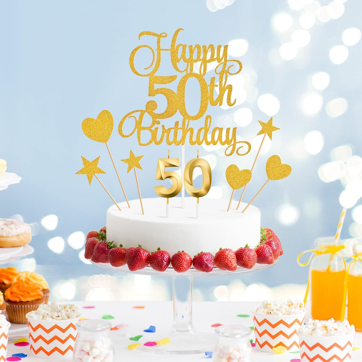 50th Birthday Cake Decorations, 50th Birthday Candles Cake Numeral Candles and Glitter Happy 50th Birthday Cake Toppers Set for Birthday Party Supplies (Gold)