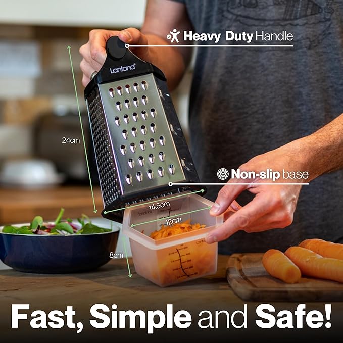 Lantana Cheese Grater for Kitchen with Container & Lid - Handheld Stainless Steel Box Food Shredder with Handle and 6 Essential Functions for Coarse, Medium, Fine, or Micro Grating/Shredding/Zesting