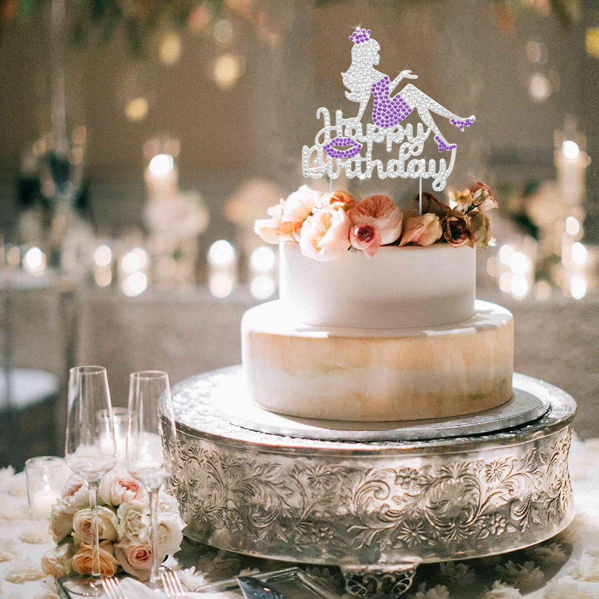 LINGTEER Happy Birthday Crown Queen Lady Rhinestone Cake Topper - Cheers to Makeup Spa Birthday Party Cake Centerpieces Decorations Gift Sign - Purple