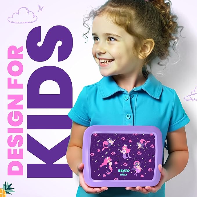 YOLAY Bento Box for Kids Lunch Box Leak-Proof, 5-Compartment Lunch Box Kids for Ages 3-10, Durable with Anti-Slip Base, Suitable for Schools, Outdoor and Travel (Mermaid)