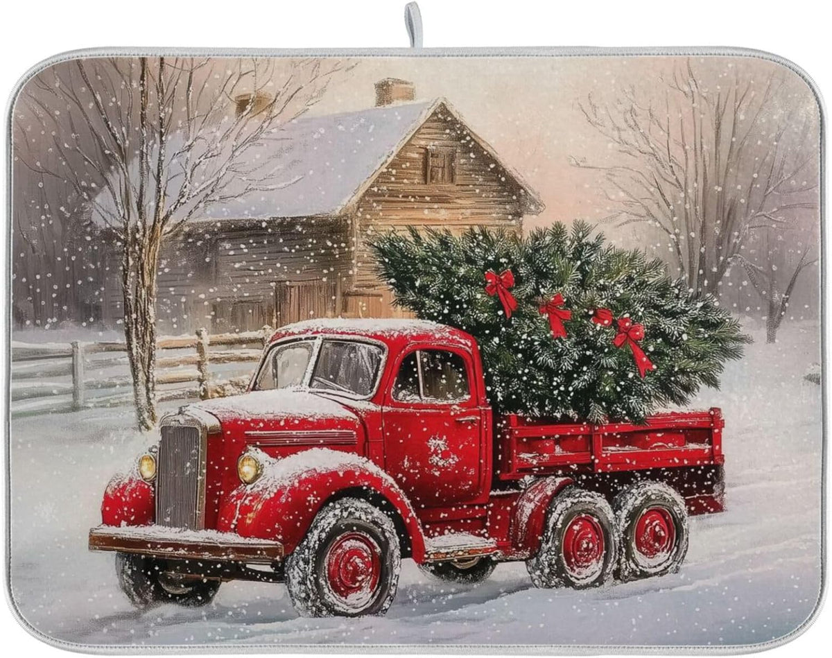 Red Christmas Truck Dish Drying Mat for Kitchen Counter Absorbent Microfiber Drying Pad, Large 18x24 in, Reversible Drainer Mats