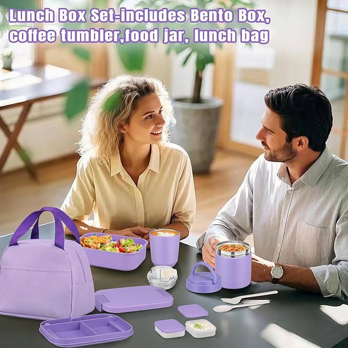 Large Bento Lunch Box Set for Adults Kids Women with 10.5oz Soup Thermo,Coffee Tumblers Men Girls Boys Teenagers Leak-Proof Lunch Food Containers with Lunch Bag