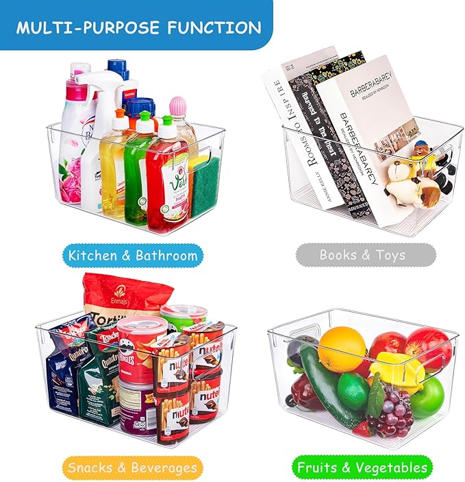 Clear Plastic Storage Bins-8 Pcs Pantry Organizers and Storage Containers with 4 Large (11"x8"x6") and 4 Small Snack Containers, Home Organization for Bathroom, Kitchen, Closet and Office