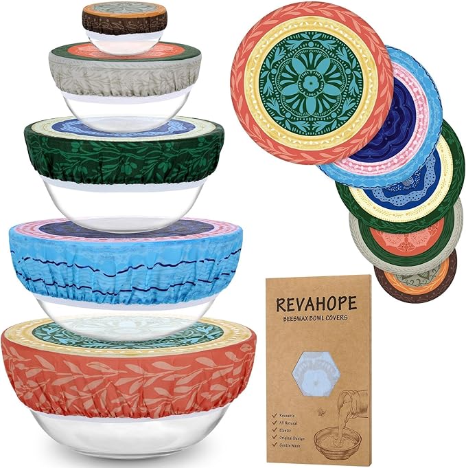 5-Size Reusable Beeswax Bowl Covers for Bread Proofing, Cotton Cloth Flexible Beeswax Wraps for Food Storage(Colorful Concentric Circle)